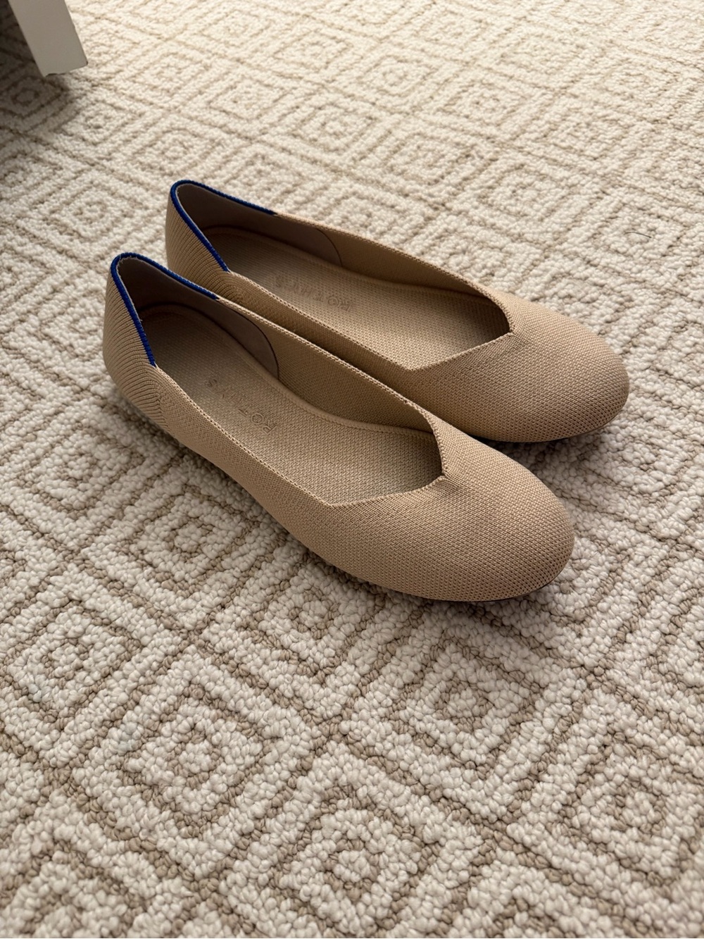 Rothy's Tan Knit Ballet Flats with Blue Trim